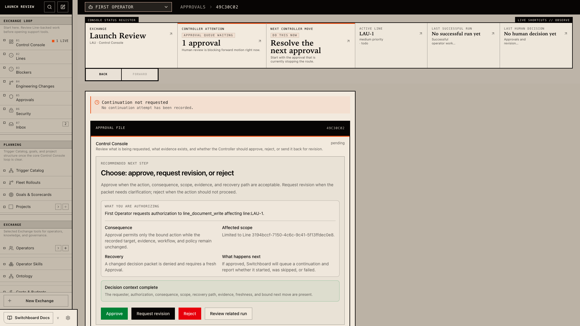 Switchboard approval file showing approve, request revision, reject, and review related run options.