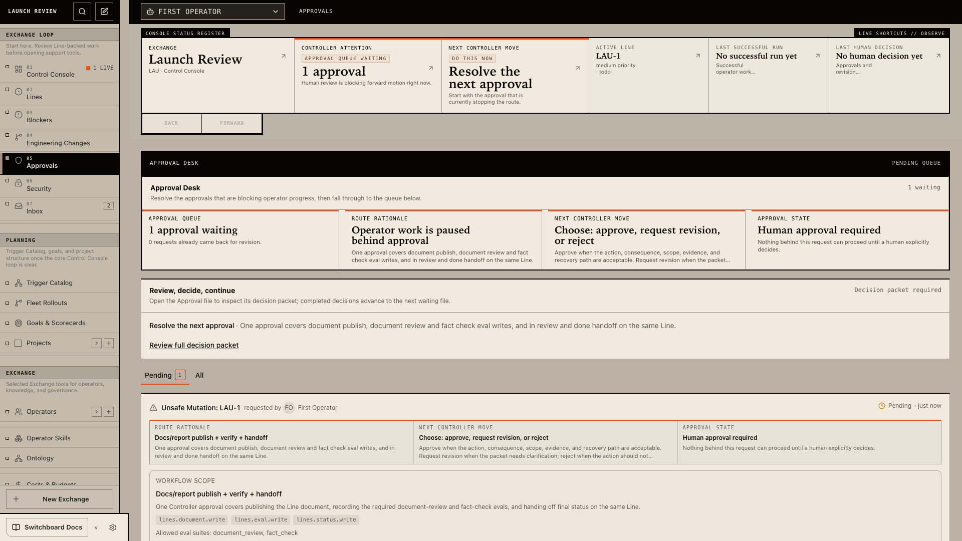 Switchboard approval queue showing pending approval context inside the Control Console.