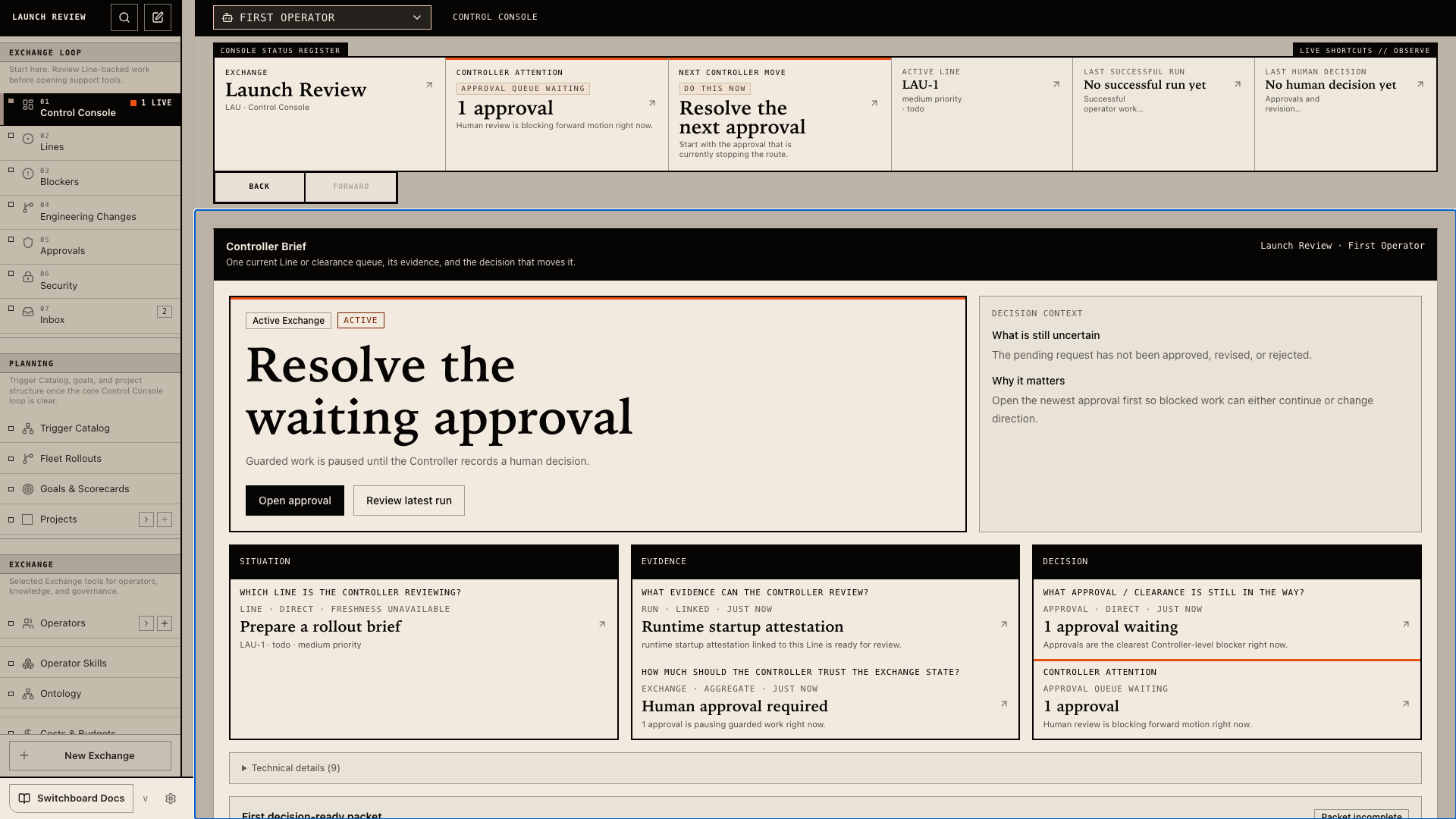 Switchboard Control Console showing one approval waiting, the next Controller move, uncertainty, evidence, and decision context.