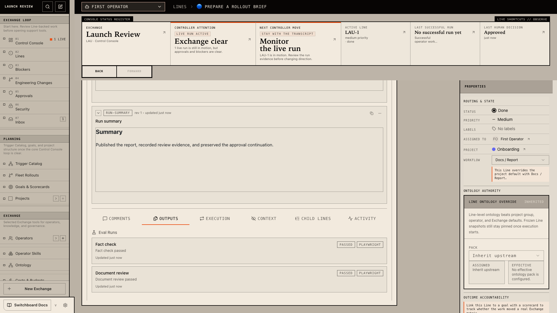 Switchboard line evidence screen showing passed fact check and document review outputs.