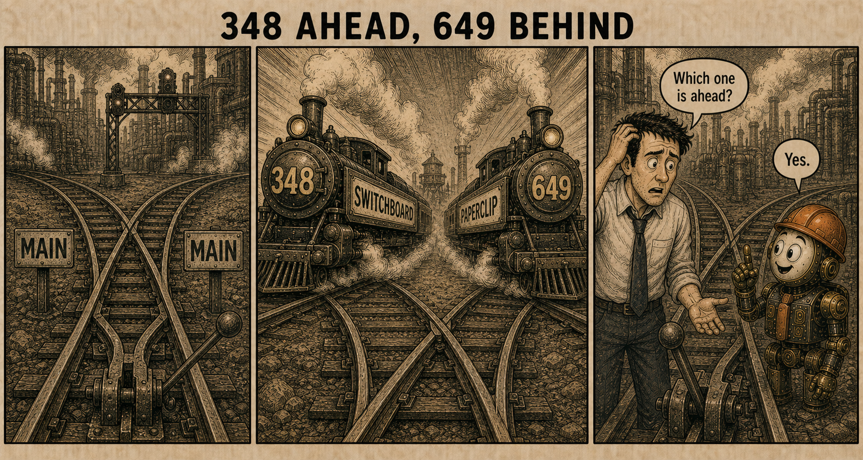 Failure Museum exhibit titled 348 Ahead, 649 Behind.