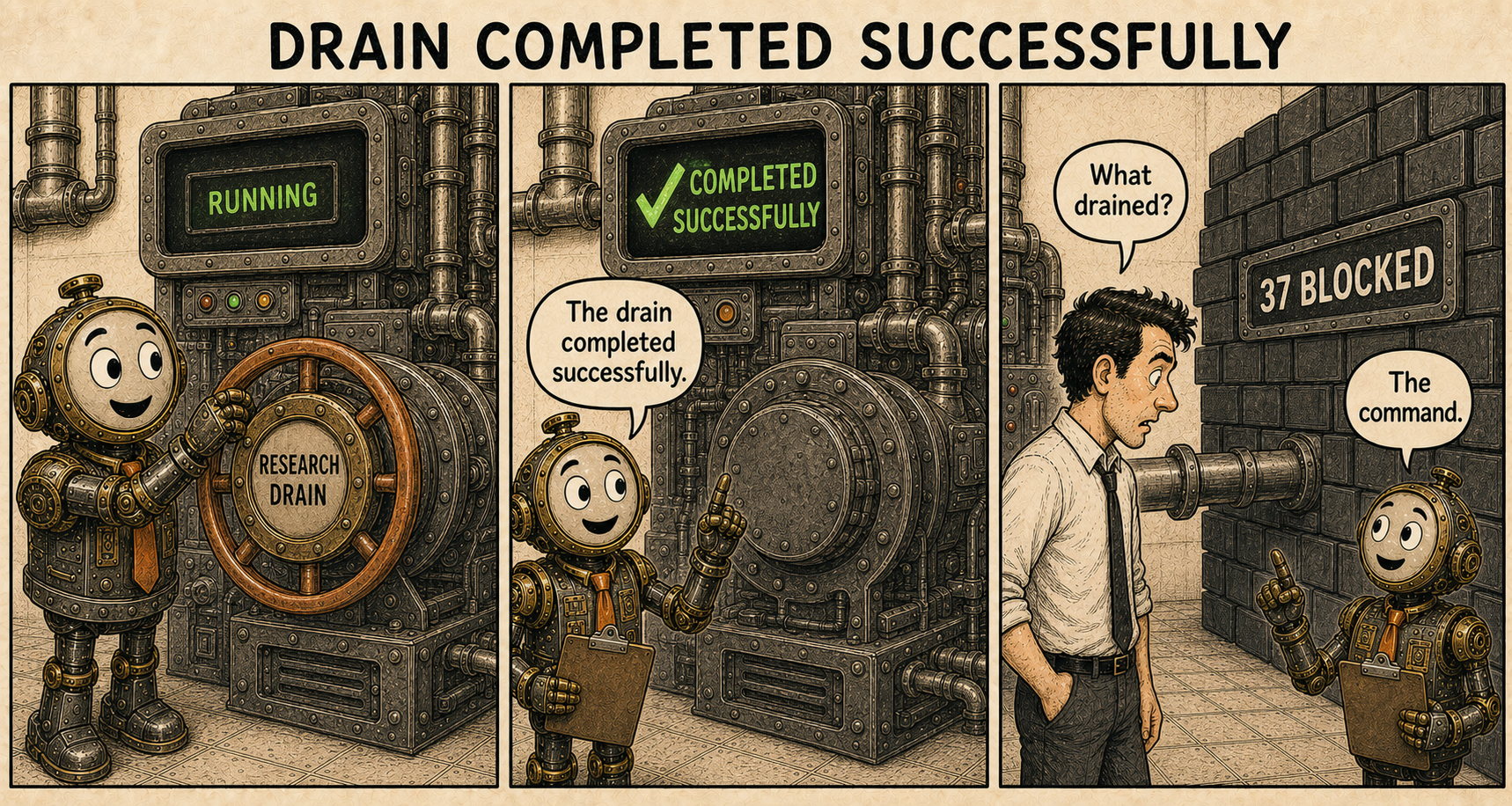 Failure Museum exhibit titled Drain Completed Successfully.