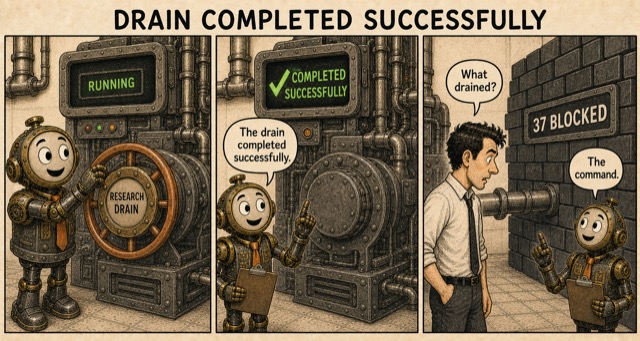 Failure Museum exhibit titled Drain Completed Successfully.