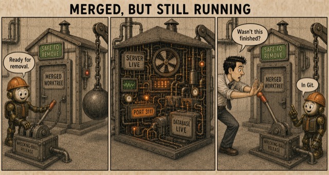 Failure Museum exhibit titled Merged But Still Running.